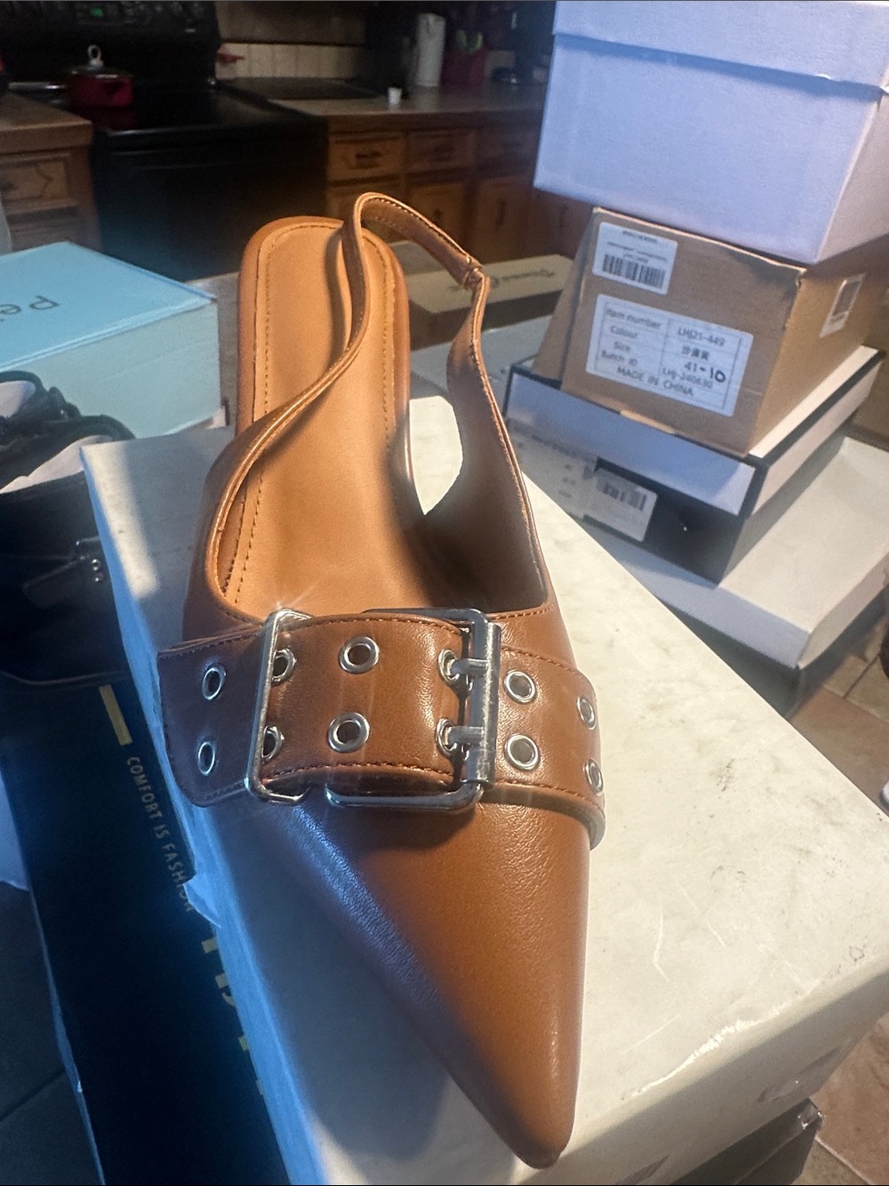 Women’s Tan Pointed Slingback with Buckle Detail